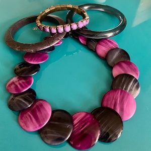 💜 Purple & Black Acrylic Swirl Flat Round Bead Necklace & Bracelets Jewelry Lot